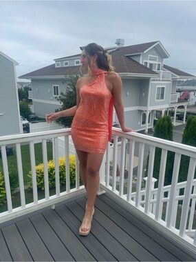 Boohoo Coral Orange One-Shoulder Sequin Dress